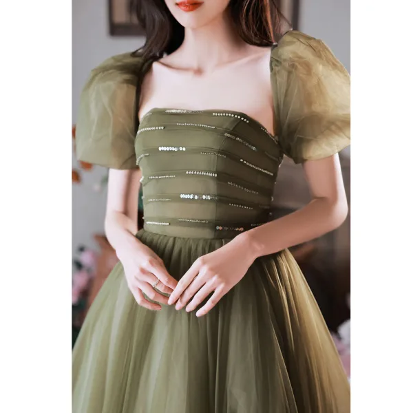 Modest / Simple Sage Green Prom Dresses A-Line / Princess 2022 Square Neckline Sequins Puffy Short Sleeve Backless Floor-Length / Long Formal Dresses