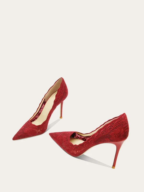 Chic / Beautiful Burgundy Lace Flower Wedding Shoes 2024 Leather 10 cm Stiletto Heels Pointed Toe Wedding Pumps High Heels