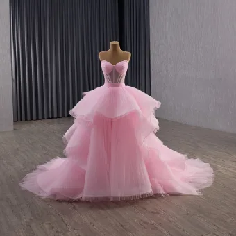 Haut De Gamme Rose Bonbon Fait Main Perlage Volants En Cascade Robe De Bal 2025 Robe Boule Amoureux Manches Longues Dos Nu Cathedral Train Robe De Ceremonie