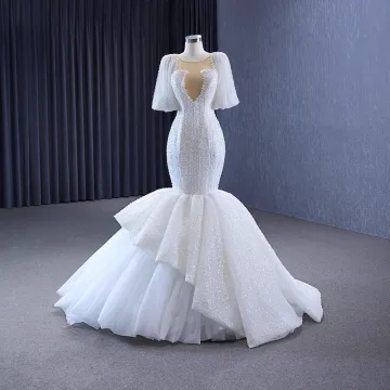 Luxury Gorgeous White Handmade Beading Pearl Cascading Ruffles Wedding Dresses 2023 Trumpet Mermaid Scoop Neck Short Sleeve Floor Length Long Wedding