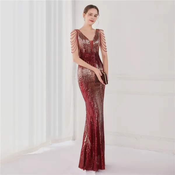 Scintillantes Blanche Paillettes Robe De Soirée 2022 Trompette / Sirène V-Cou Perlage Gland Sans Manches Dos Nu Longue Soirée Robe De Ceremonie