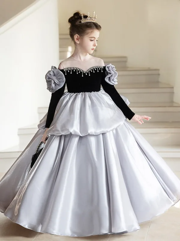 Voluminous Grey Pearl Cascading Ruffles Birthday Flower Girl Dresses 2026 Ball Gown Scoop Neck Long Sleeve Floor-Length / Long