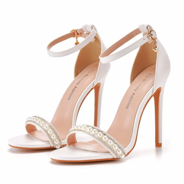 Sexy White Pearl Rhinestone Ankle Strap Wedding Shoes 2025 11 cm Stiletto Heels Open / Peep Toe Wedding Sandals High Heels