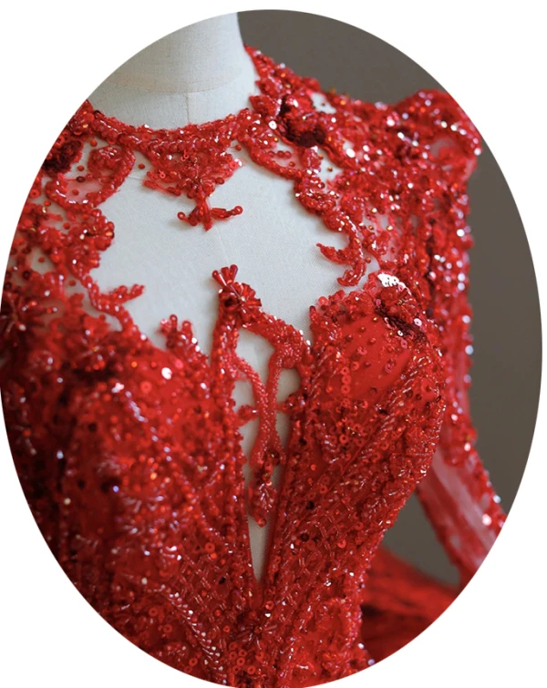 Chinese style Red Beading Sequins Lace Flower Wedding Dresses 2024 Ball Gown Scoop Neck Long Sleeve Chapel Train Wedding