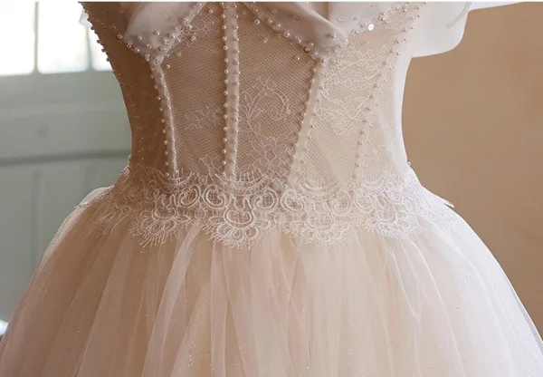 Chic / Beautiful Champagne Beading Pearl Lace Flower Prom Dresses 2024 A-Line / Princess Spaghetti Straps Sleeveless Backless Floor-Length / Long Prom Formal Dresses