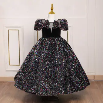 Scintillantes Multi Couleurs Paillettes Anniversaire Noire Robe Ceremonie Fille 2022 Robe Boule Encolure Dégagée Gonflée Manches Courtes Dos Nu Longue Robe Ceremonie Fille