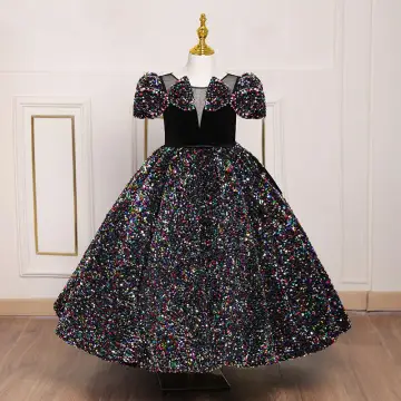 Sparkly Multi Colors Sequins Birthday Black Flower Girl Dresses 2022 Ball Gown Scoop Neck Puffy Short Sleeve Backless Floor Length Long Flower Girl Dresses