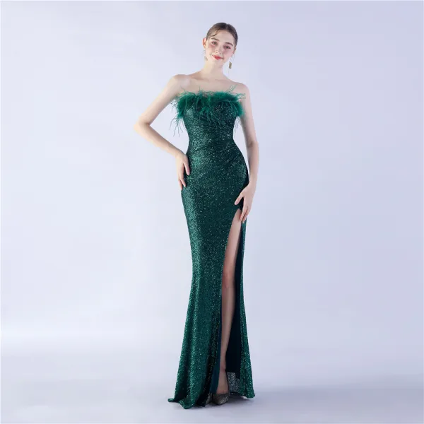 Sexy Black Sequins Evening Dresses 2024 Trumpet / Mermaid Strapless Tassel Sleeveless Backless Floor-Length / Long Evening Party Formal Dresses
