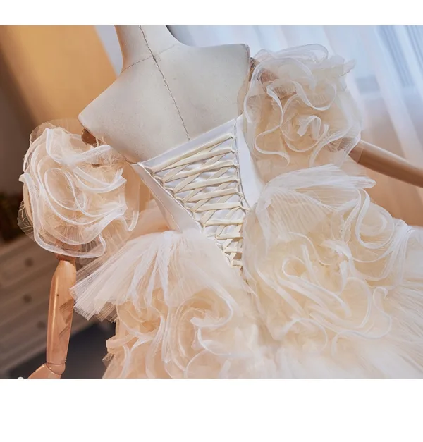 Mode Champagne Volants en Cascade Fleur Robe De Bal 2024 Robe Boule De l'épaule Manches Courtes Dos Nu Longue Promo Robe De Ceremonie