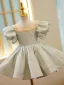 Audrey Hepburn Style Sage Green Short Prom Flower Girl Dresses 2022 Ball Gown Scoop Neck Puffy Short Sleeve Pearl Flower Girl Dresses