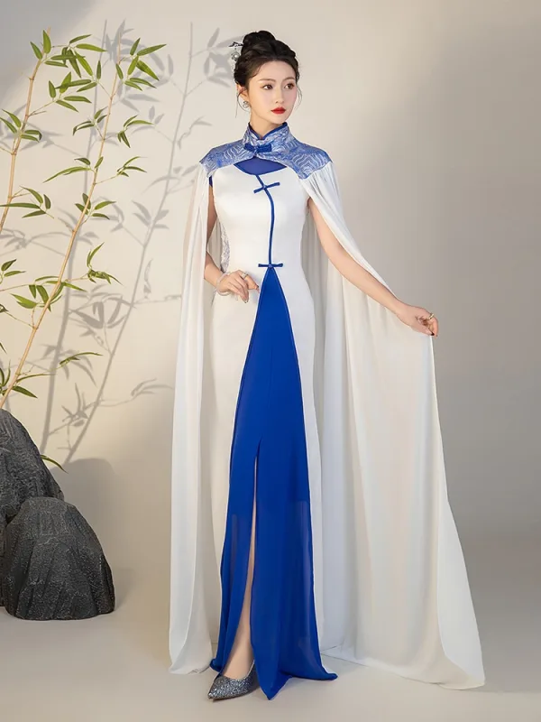 Chinese style White With Cloak Split Front Evening Party Cheongsam 2025 Trumpet / Mermaid High Neck Short Sleeve Floor-Length / Long Cheongsam / Qipao