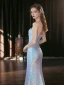 Sexy Himmelblau Pailletten Gespaltete Front Abendkleider 2024 Meerjungfrau One-Shoulder Ärmellos Rückenfreies Lange Abend Festliche Kleider