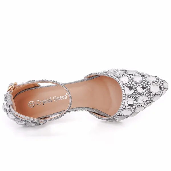 Charmant Doré Soirée Cristal Sandales Femme 2023 Bride Cheville Faux Diamant 5 cm Talons Aiguilles À Bout Pointu Sandales Talons Hauts