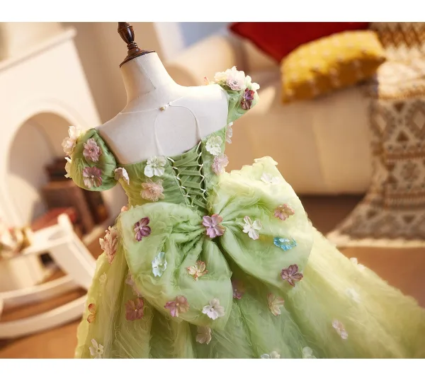 Flower Fairy Sage Green Beading Appliques Birthday Flower Girl Dresses 2025 Ball Gown Scoop Neck Short Sleeve Backless Floor-Length / Long Tulle