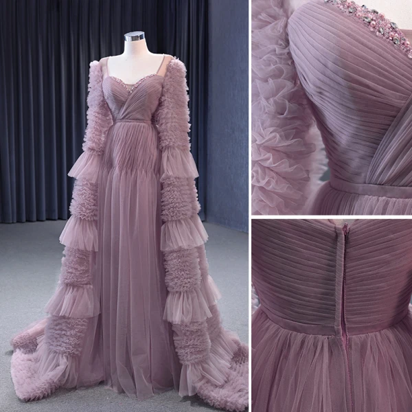 Haut de Gamme Rose Sombre Volants en Cascade Perlage Perle Faux Diamant Robe De Bal 2023 Princesse Encolure Carrée Manches Longues Dos Nu Train De Balayage Promo Robe De Ceremonie