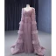 Haut de Gamme Rose Sombre Volants en Cascade Perlage Perle Faux Diamant Robe De Bal 2023 Princesse Encolure Carrée Manches Longues Dos Nu Train De Balayage Promo Robe De Ceremonie