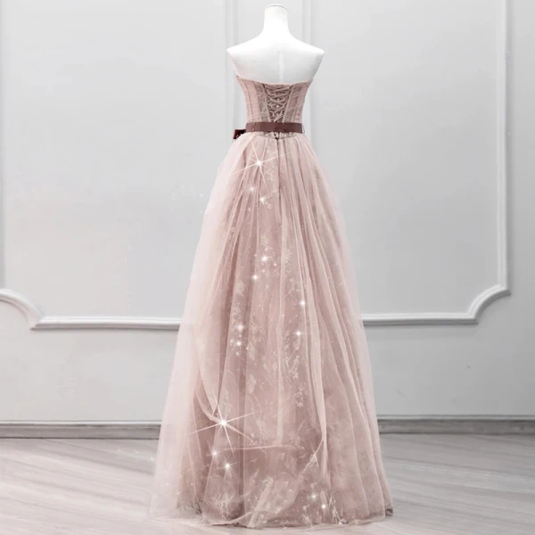 Schöne Rosa Pailletten Ballkleider 2023 A Linie Bandeau Ärmellos Rückenfreies Schleife Stoffgürtel Lange Festliche Kleider