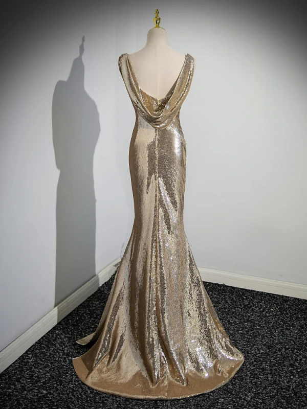 Scintillantes Doré Paillettes Robe De Soirée 2023 Trompette / Sirène Une épaule Sans Manches Dos Nu Longue Soirée Robe De Ceremonie