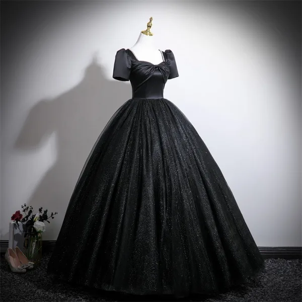 Vintage / Retro Black Glitter Prom Dresses 2025 Ball Gown Square Neckline Bow Short Sleeve Backless Floor-Length / Long Formal Dresses