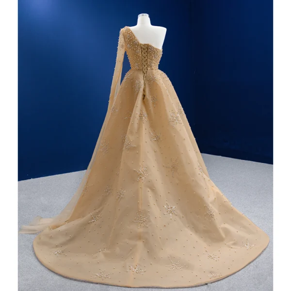 Sexy High-end Champagne Split Front Evening Dresses 2022 A-Line / Princess One-Shoulder Pearl Sequins Long Sleeve Backless Court Train Evening Party Formal Dresses
