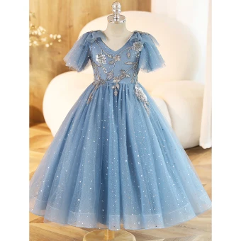 Mode Bleu Ciel Perlage Étoile Paillettes Anniversaire Robe Ceremonie Fille 2023 Robe Boule V Cou Manches Courtes Dos Nu Longue Robe Ceremonie Fille