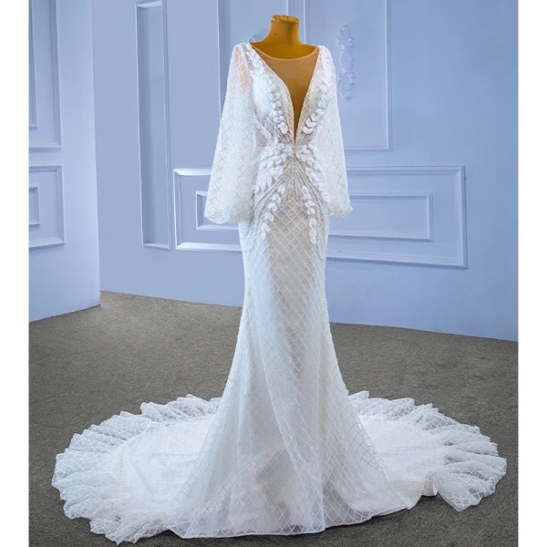 Charmant High End Weiß Perlenstickerei Strass Pailletten Applikationen Brautkleider / Hochzeitskleider 2022 Meerjungfrau Rundhalsausschnitt Lange Ärmel Rückenfreies Lange Hochzeit