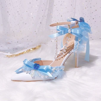 Charming Sky Blue Pearl Bow Prom Womens Sandals 2024 9 Cm Stiletto Heels High Heels Pointed Toe Sandals