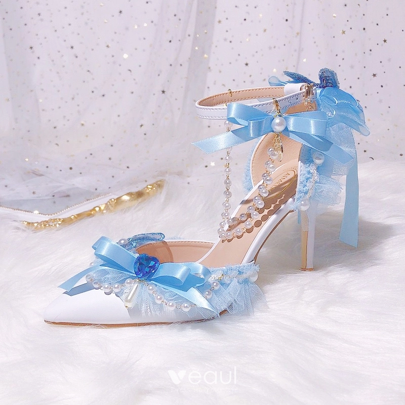 Charmant Bleu Ciel Perle Noeud Promo Sandales Femme 2024 9 cm Talons Aiguilles Talons Hauts A Bout Pointu Sandales