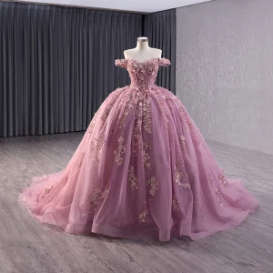 Haut De Gamme Rose Bonbon Fait Main Perlage Appliques Perle Paillettes Robe De Bal 2024 Robe Boule De L Épaule Sans Manches Dos Nu Tribunal Train Promo Robe De Ceremonie