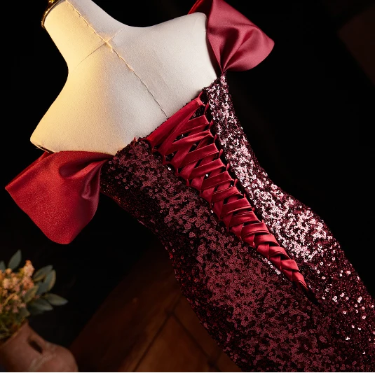 Sparkly Burgundy Sequins Evening Dresses 2024 Trumpet / Mermaid Off-The-Shoulder Short Sleeve Backless Floor-Length / Long Evening Party Formal Dresses