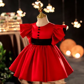 Chic Beautiful Red Satin Short Prom Flower Girl Dresses 2022 Ball Gown Scoop Neck Sash Bell Sleeves Flower Girl Dresses
