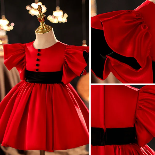 Chic / Beautiful Red Satin Short Prom Flower Girl Dresses 2022 Ball Gown Scoop Neck Sash Bell sleeves Flower Girl Dresses