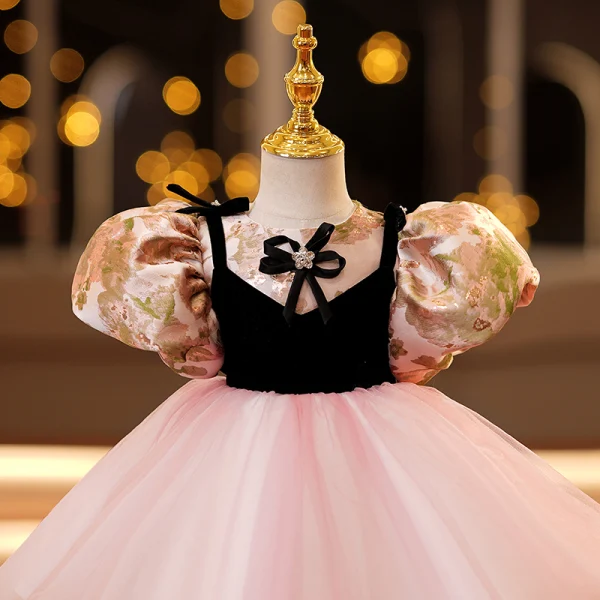 Chic / Beautiful Blushing Pink Short Birthday Flower Girl Dresses 2022 Ball Gown Scoop Neck Puffy Short Sleeve Bow Flower Girl Dresses