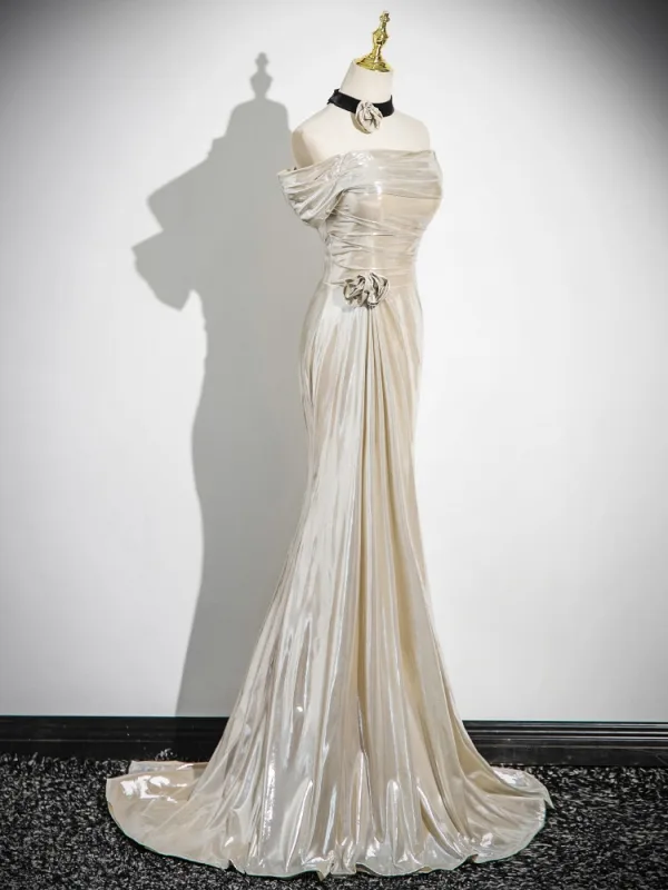 Sexy Champagne Prom Dresses 2024 Trumpet / Mermaid Off-The-Shoulder Short Sleeve Backless Floor-Length / Long Prom Formal Dresses