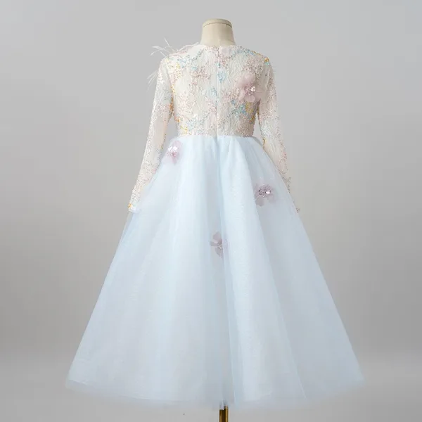 Chic / Beautiful White Appliques Sequins Birthday Flower Girl Dresses 2025 A-Line / Princess Scoop Neck Long Sleeve Floor-Length / Long Flower Girl Dresses