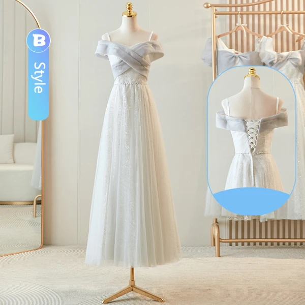 Modest / Simple Grey Short Sleeve Backless Bridesmaid Dresses 2024 A-Line / Princess Floor-Length / Long Tulle