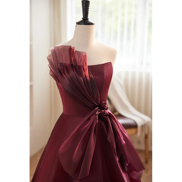 Charming Burgundy Strapless Bow Prom Dresses 2023 A-Line / Princess Sleeveless Backless Floor-Length / Long Prom Formal Dresses