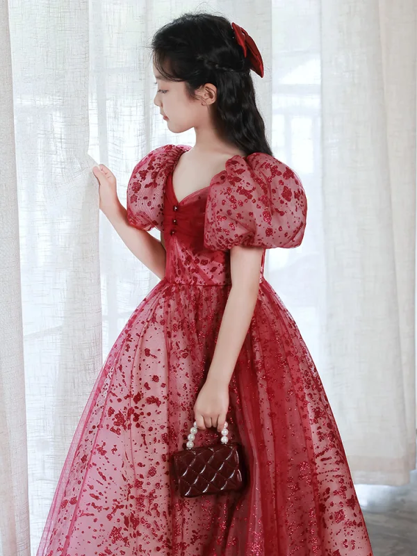 Chic / Beautiful Red Sequins Evening Party Flower Girl Dresses 2022 A-Line / Princess V-Neck Puffy Short Sleeve Floor-Length / Long Flower Girl Dresses