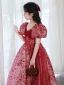 Chic / Beautiful Red Sequins Evening Party Flower Girl Dresses 2022 A-Line / Princess V-Neck Puffy Short Sleeve Floor-Length / Long Flower Girl Dresses