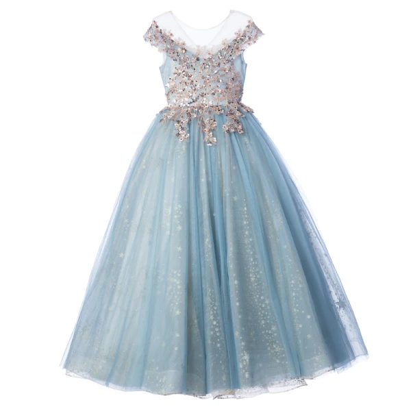 Fashion Sky Blue Beading Sequins Flower Girl Dresses 2022 Birthday Ball Gown Scoop Neck Sleeveless Backless Floor-Length / Long