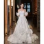 Elegant Ivory Satin Wedding Dresses 2023 A-Line / Princess Off-The-Shoulder Puffy Short Sleeve Backless Court Train Wedding