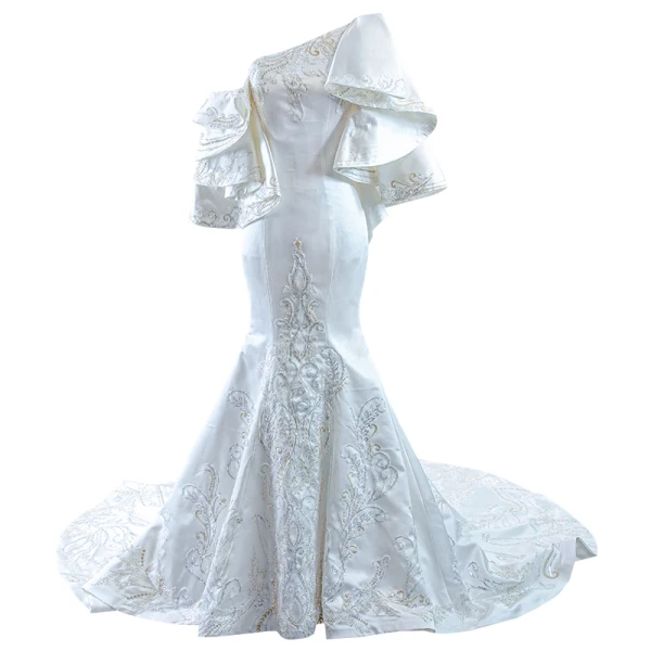High End Elegante Weiß Satin Perlenstickerei Pailletten Brautkleider / Hochzeitskleider 2023 Meerjungfrau Fallende Rüsche One-Shoulder Kurze Ärmel Rückenfreies Hof-Schleppe Hochzeit