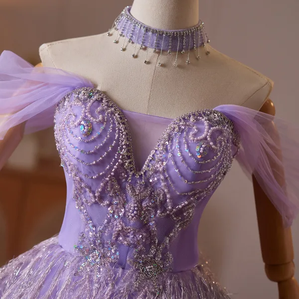 Enchantant Lavande Perlage Paillettes Gland Courte Robe De Soirée 2026 Robe Boule De l'épaule Manches Courtes Dos Nu Tulle Robe De Ceremonie