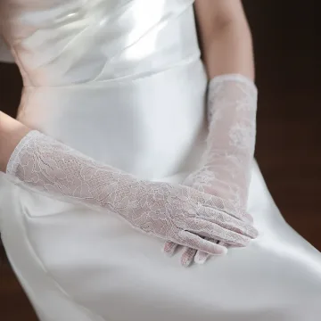 Modest Simple White Lace Flower Wedding Bridal Gloves 2025 Tulle