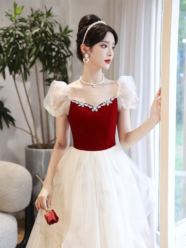 Chic Beautiful Burgundy Rhinestone Cascading Ruffles Prom Dresses 2023 A-Line Princess