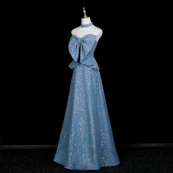 Scintillantes Bleu Ciel Paillettes Soirée Robe De Fete 2025 Princesse Noeud Bustier Sans Manches Dos Nu Longue Robe De Ceremonie
