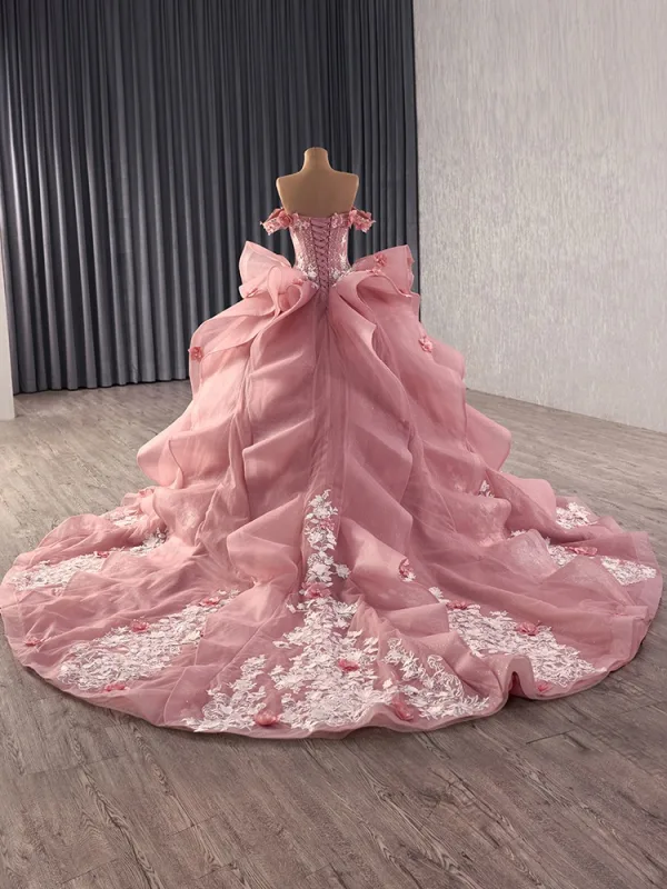 High-end Blushing Pink Handmade  Beading Pearl Rhinestone Lace Flower Appliques Prom Dresses 2025 Ball Gown Off-The-Shoulder Short Sleeve Backless