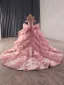 High-end Blushing Pink Handmade  Beading Pearl Rhinestone Lace Flower Appliques Prom Dresses 2025 Ball Gown Off-The-Shoulder Short Sleeve Backless