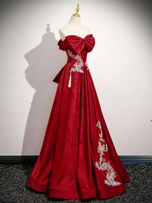 Elegant Red Beading Embroidered Prom Dresses 2025 A-Line / Princess Strapless Bow Sleeveless Backless Floor-Length / Long Formal Dresses