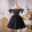 Charming Black Rhinestone Glitter Flower Short Evening Dresses 2025 Ball Gown Off-The-Shoulder Short Sleeve Backless Evening Party Formal Dresses